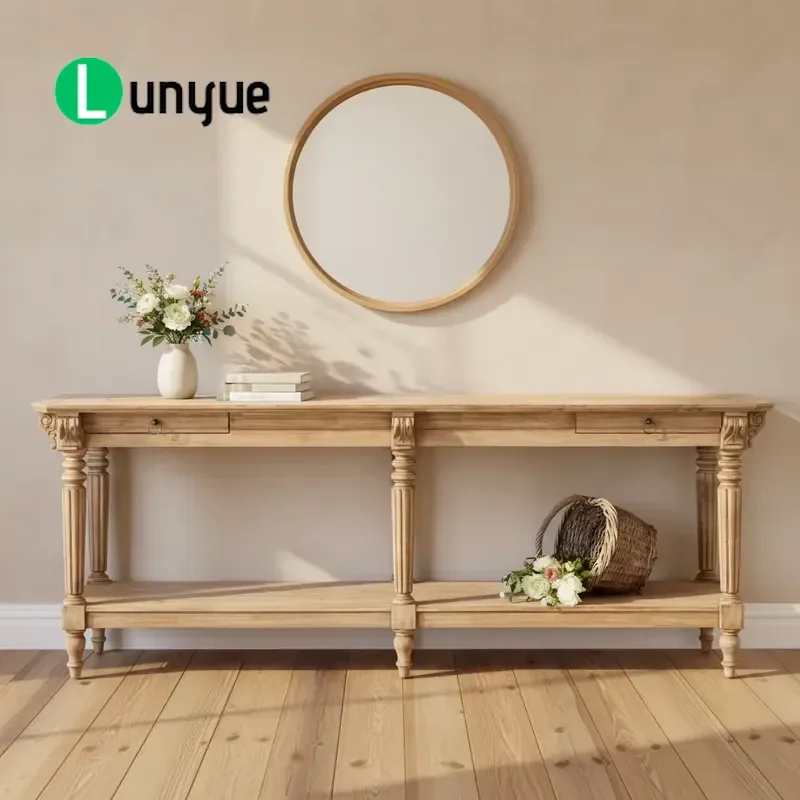 Vintage French Solid Wood Porch Table with Drawers and Shelves Farmhouse Style Entryway Console for Hallway Living Room