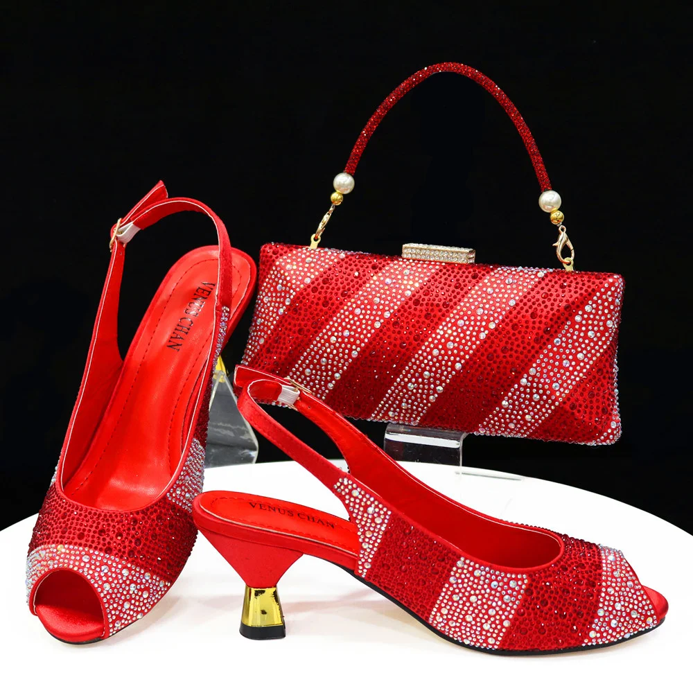 African Women's Favorite Design Style Red Fashion Elegant Fish Billed High Heels And Delicate Clutch Bags Rhinestone Decoration