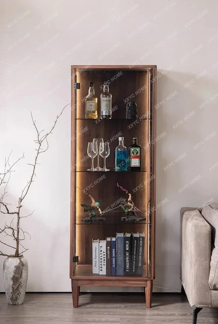 A  Black walnut glass display solid wood bookcase dust storage living room wine cabinet model