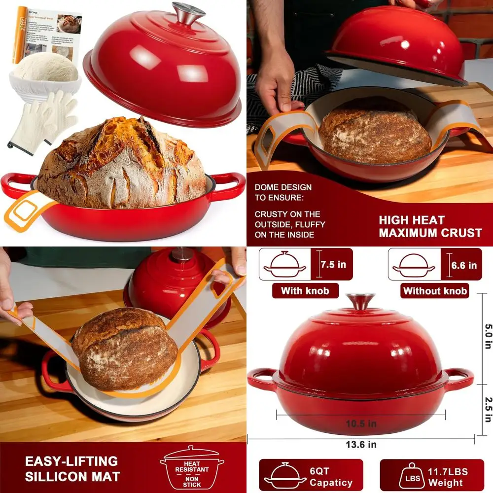 

Эмалированная чугунная голландская духовка, горшок для выпечки хлеба 6QT с крышкой, универсальная форма для закваски, корзина для расстойки, силиконовый слинг и грязь