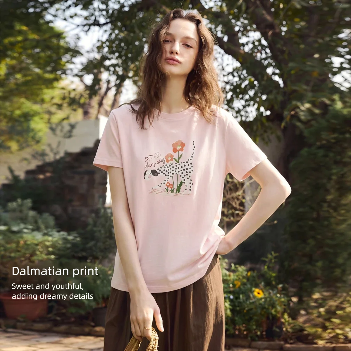 OLrain Crew Neck 100% Pure Cotton Top Women 2026 Summer Pink Dalmatian Dog Print Loose Straight Short Sleeve T-shirt O58XT008311