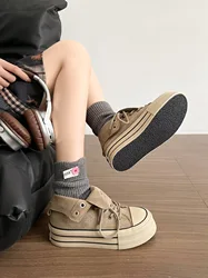 Quality Women Soft Ankle Boots Suede PU Girls Platform Sneaker High Top Students Thick Soled Sport Shoes Lace Up Soft Foot Feel