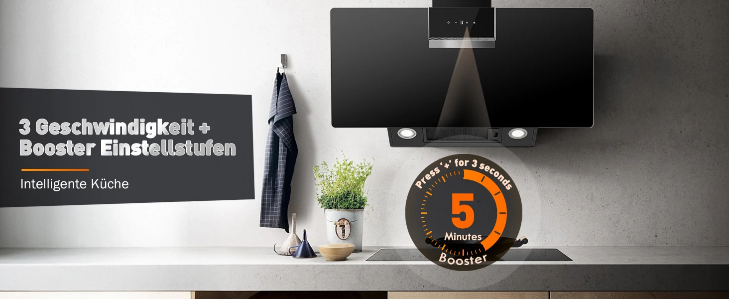 90 cm wandmontierte Dunstabzugshaube 800 m3/h A+++ LED-Touch-Steuerung, schwarzes Glas – Umlauf-/Abluftoption – Detail 3