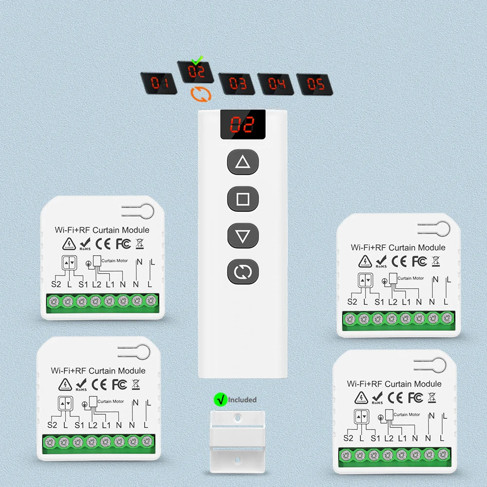 Tuya WiFi RF Rolladen-Steuerungsmodul mit Fernbedienung für Elektromotoren, Sonnenschutz, Google Home und Alexa