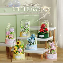 Eternal Flower Bouquet Creative Romantic Rose Rotating Music Box Building Blocks Assembly Model Bricks Dust Cover Model Toy Gift