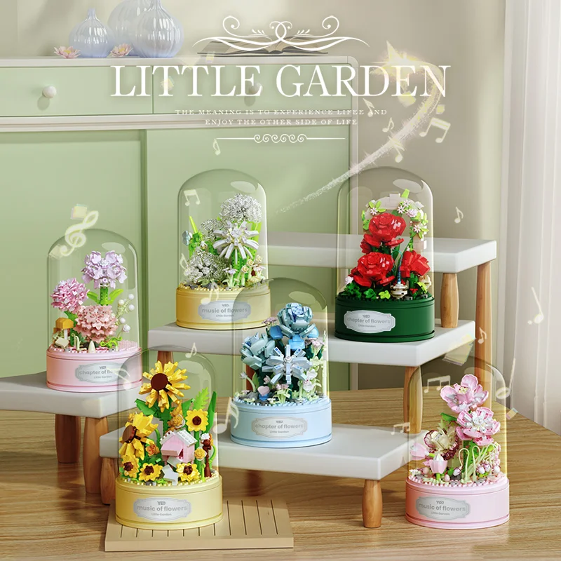 Eternal Flower Bouquet Creative Romantic Rose Rotating Music Box Building Blocks Assembly Model Bricks Dust Cover Model Toy Gift