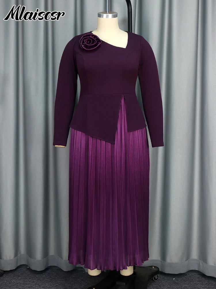 Mlaiscsr Elegant Luxury Wedding Guest Dress Women Clothes 3D Flower Long Sleeve A Line Purple Pleated Vestidos Evening Birthday