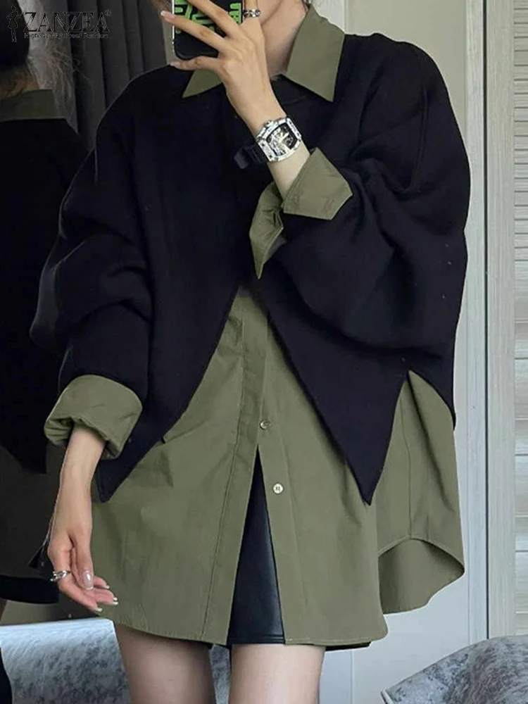 

ZANZEA Vintage Fake two-piece Shirts Autumn Spring Women Shirt Oversized Patchwork Long Sleeve Tops Streetwear Blusas Tunic