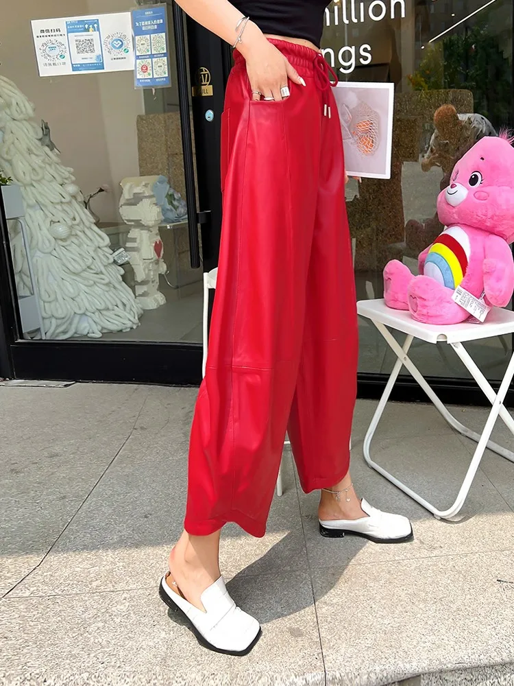 Women Baggy Drop Crotch Harem Pants Elastic Waist Loose Fit Sheepskin Genuine Leather Cross Pants Casual Ankle Length Trousers