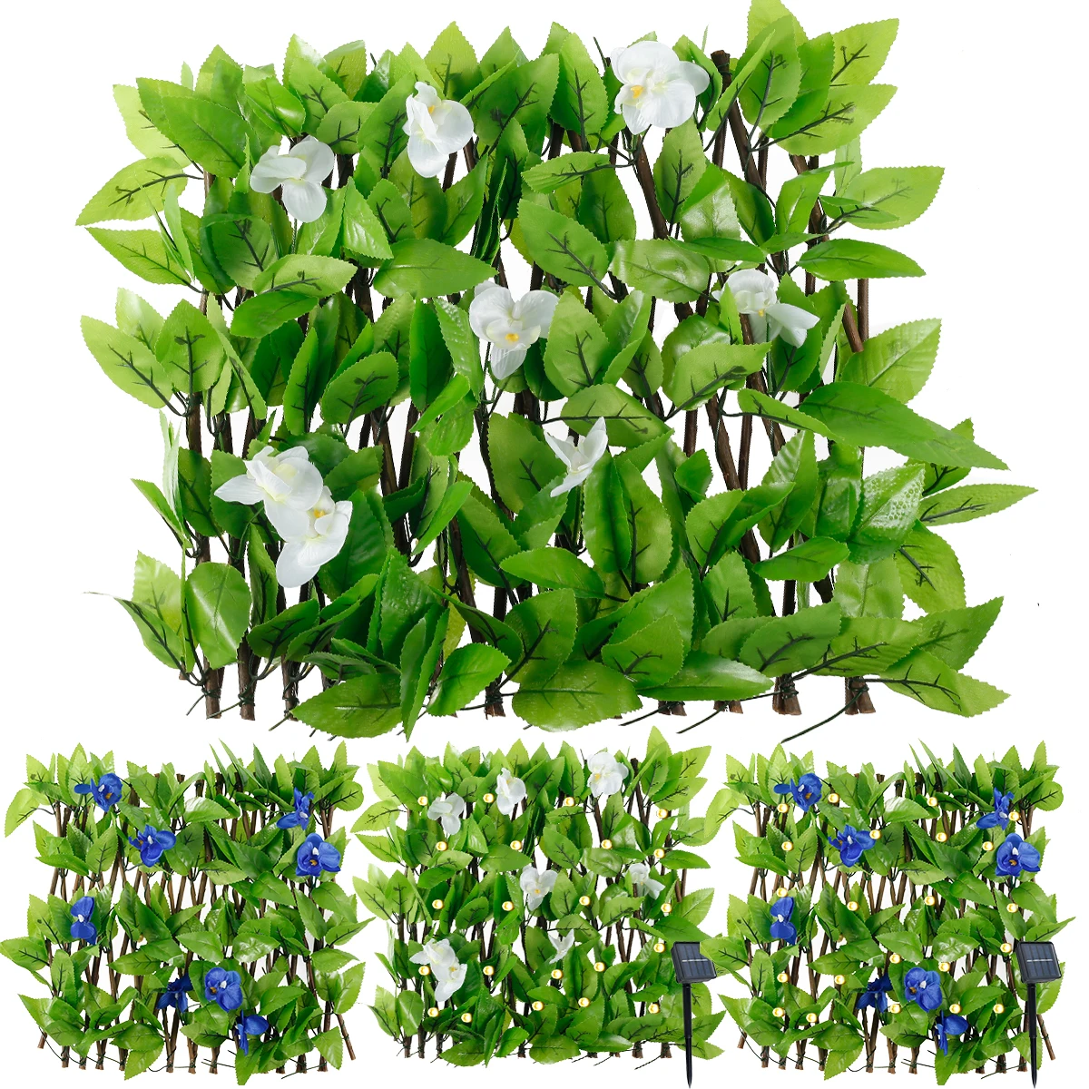 Expandable Fence Privacy Screen 40x180cm Artificial Leaves Fencing Panel with 8 Modes Solar Lights Faux Ivy Hedge Flower Fence