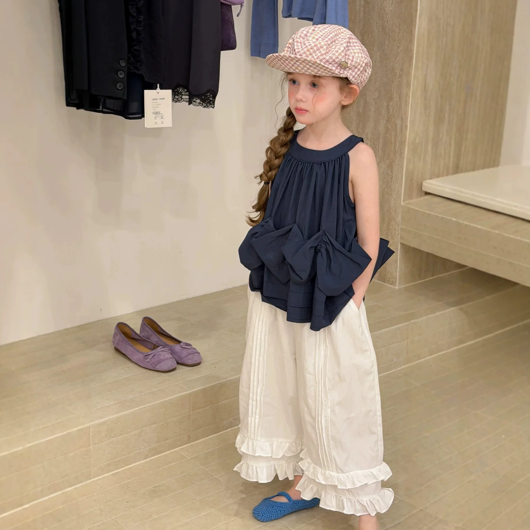 

2026 Summer New Design Sleeveless Vest Pleated Solid Lace Set Stylish Girls Baby Sweet Two-piece Set