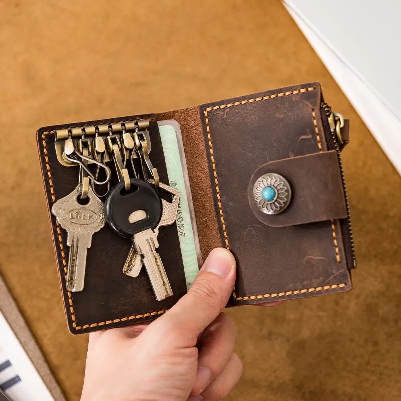 Top Layer Leather Key Wallet for Unisex Handmade Waxed Thread Stitching Genuine Leather Mini Purse Multifunctional Card Holder
