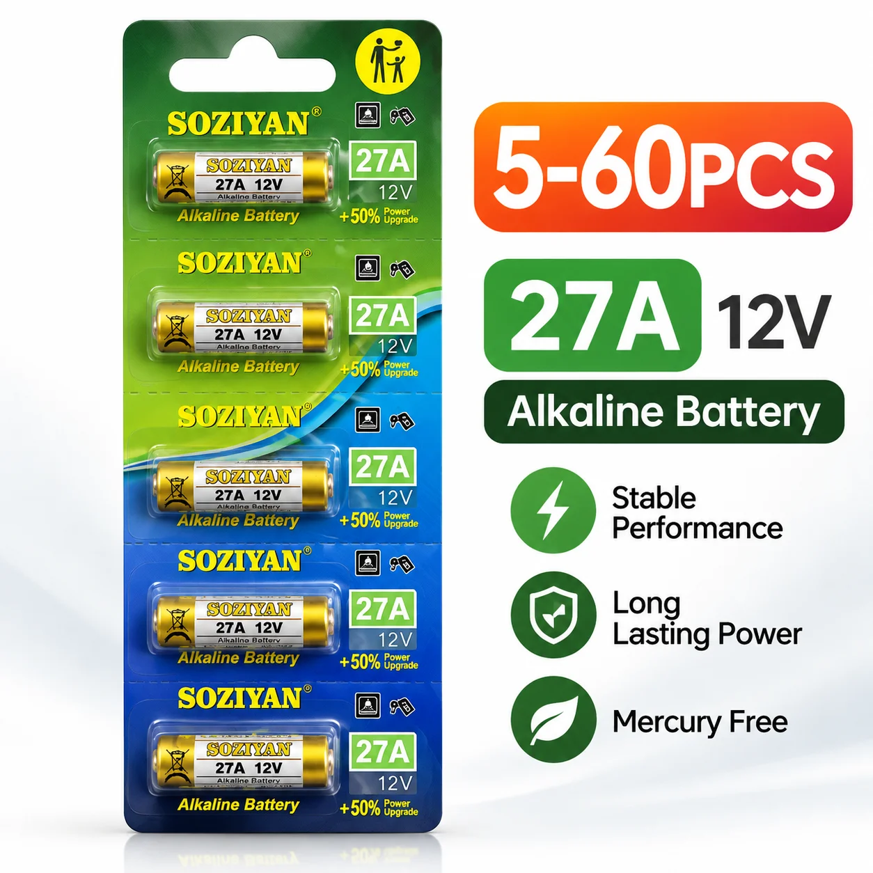 27A 12V Alkaline Battery 5-60PCS, 27AE LR27 G27A Long Lasting Replacement for Doorbell Remote Control Gamepad Electronic Toys