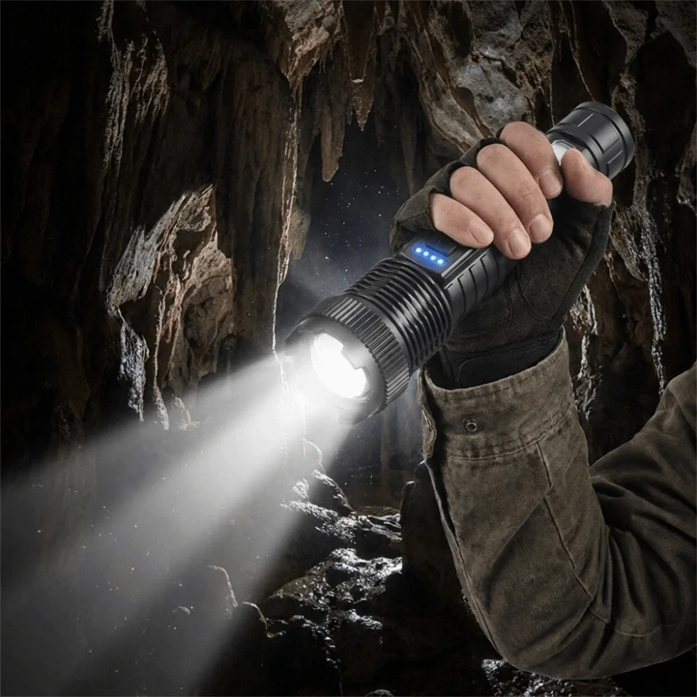Super Bright Zoom Rechargeable Flashlight Power Display Long Lasting Runtime COB Work Light Portable Durable Handheld Spotlight