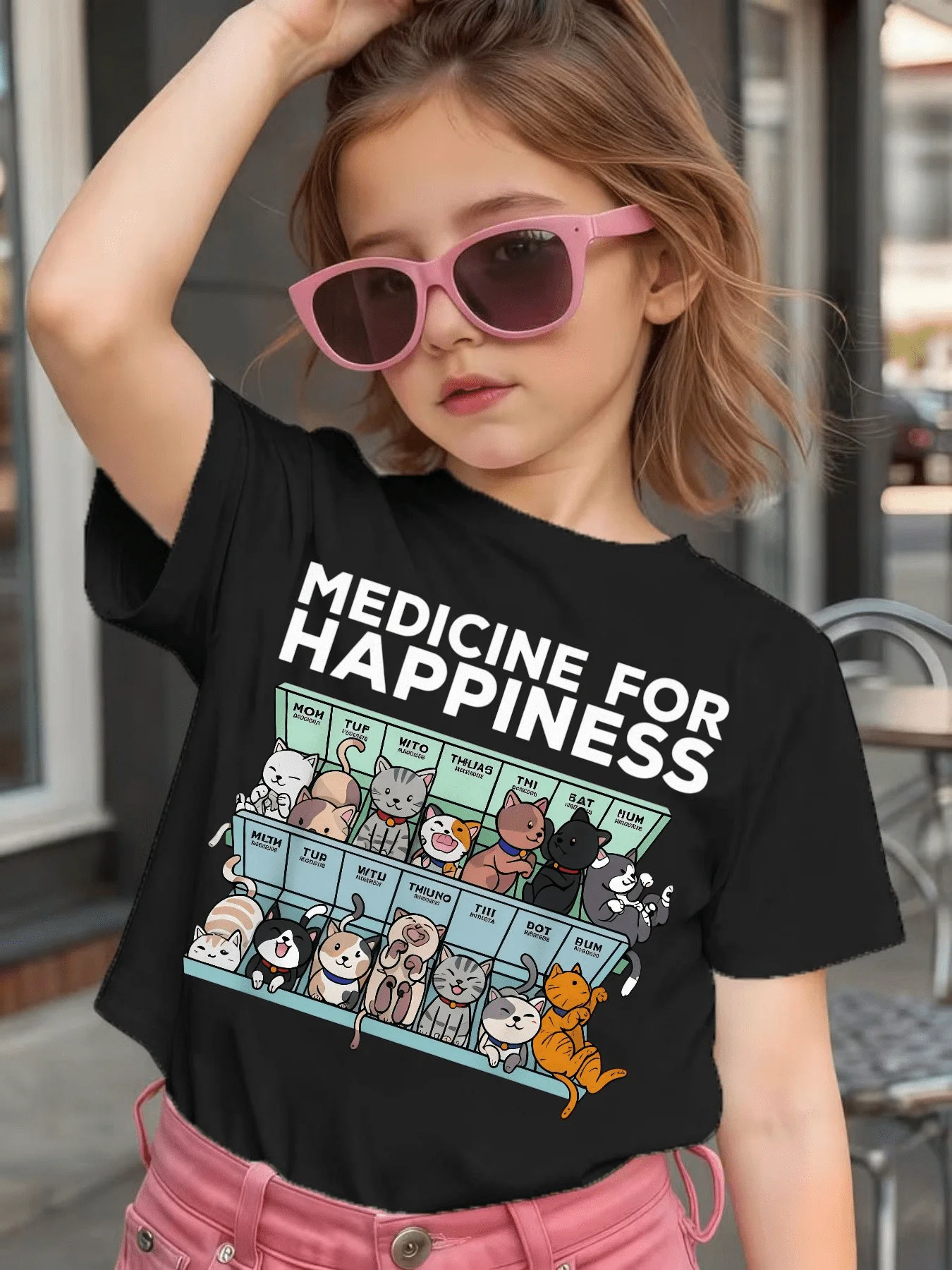 Cute Medicine For Happiness Cats Box Graphic Kids Tee Boys Girls Family Matching Cotton Crew Neck Short Sleeve Soft Summer Tee