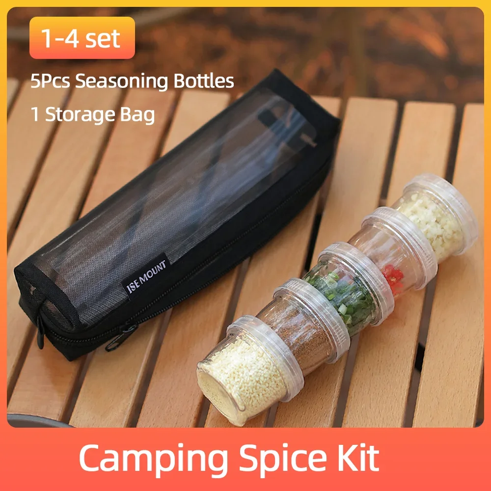 Kit de especias para acampar con 5 botellas de condimentos transparentes, contenedor de condimentos, contenedor de especias portátil de viaje para Picnic, cocina, barbacoa