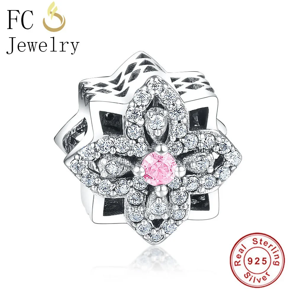 FC Jewelry Fit Original Brand Charms Bracelet 925 Sterling Silver Openwork Flower Pink Color CZ Stone Bead For Making Berloque