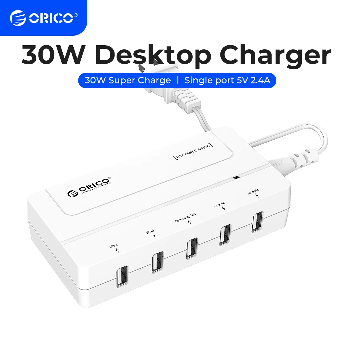 ORICO-Desktop USB Charging Station, 5 Ports, Max 30W, iPhone, Samsung, Xiaomi, Smartphone Dock, 5V, 6A