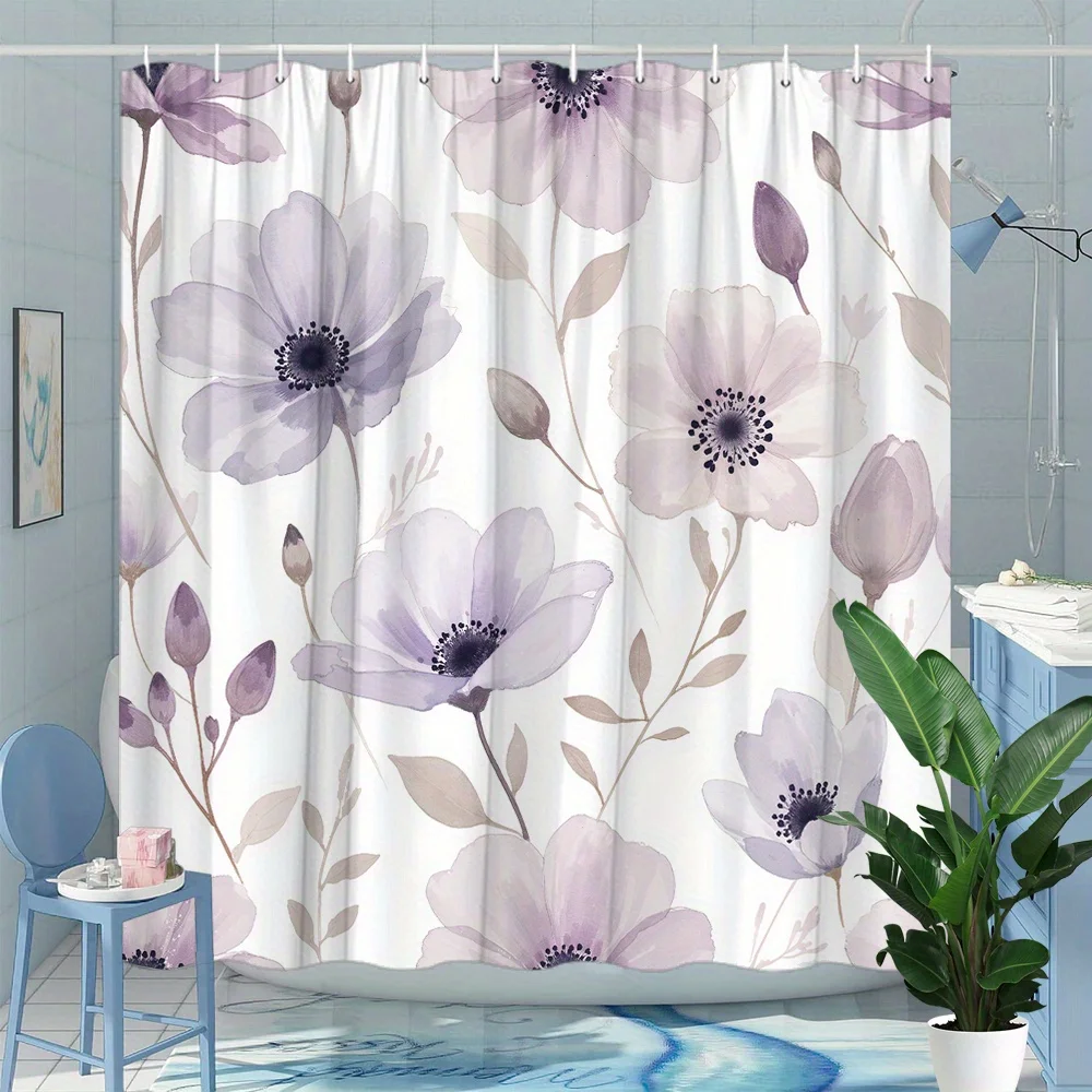 

1 шт., акварельная фиолетовая занавеска для душа с цветочным узором, машинная стирка, полиэфирная ткань с крючками, идеально подходит для украшения ванной комнаты