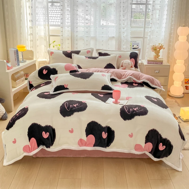 Cartoon Love Heart Milk Velvet Duvet Cover Girls Women Letter Print Single Comforter Cover Soft Pink Double Bedding Quilt Covers