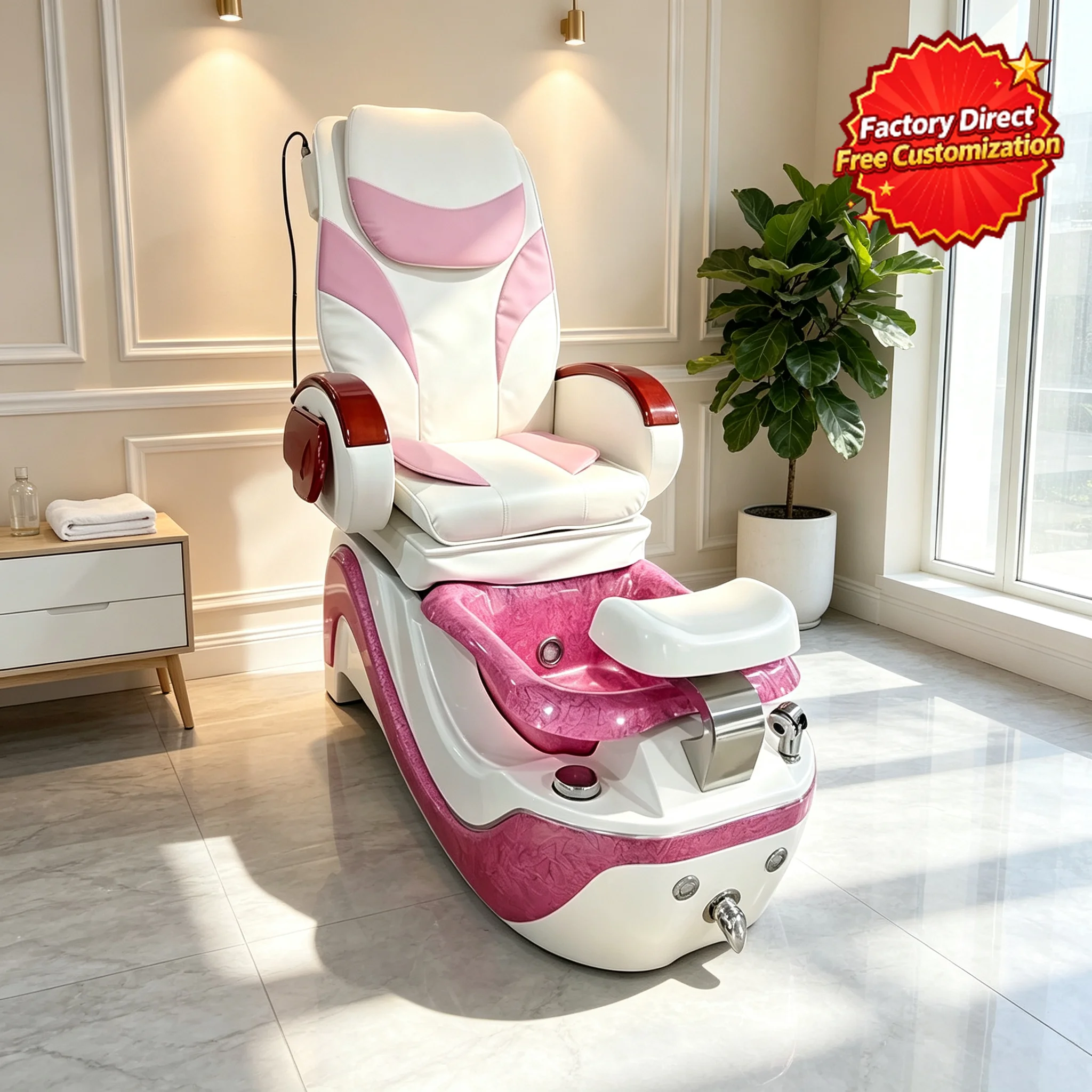 Pedicure Chair with Water Circulation, LED Ambient Light, Movable Foot Spa Chair with Wood Armrests for Nail Salon
