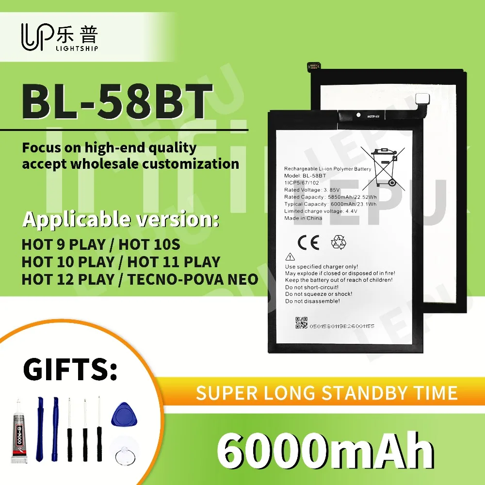 

TECNO POVA NEO Battery BL-58BT 6000mAh INFINIX HOT 10 11 12 PLAY Replacement Battery INFINIX HOT 9 PLAY 10S Original Battery