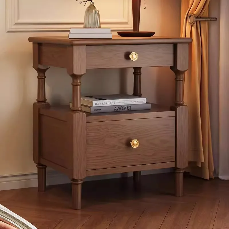 French retro bedside table solid wood master bedroom American household ash wood bedside table double layer with drawers antique