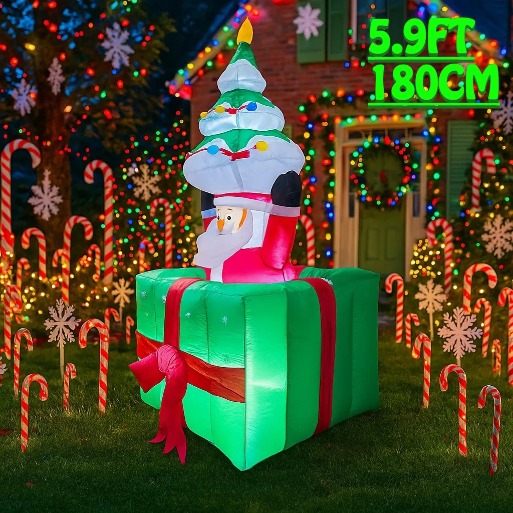 5.9FT Outdoor Holiday Inflatable Decoration Santa Claus Tree Gift Box Lights Xmas Yard Ornament Christmas Home Decor Party Toy