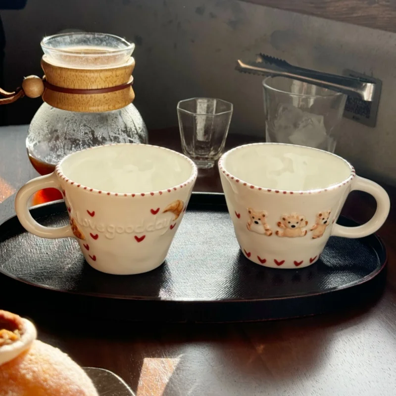 

Ceramic Mugs Hand-drawn Relief Coffee Cup Hand Pinched Irregular Bear Milk Tea Cup Letter Waffle Croissant Oatmeal Breakfast Mug
