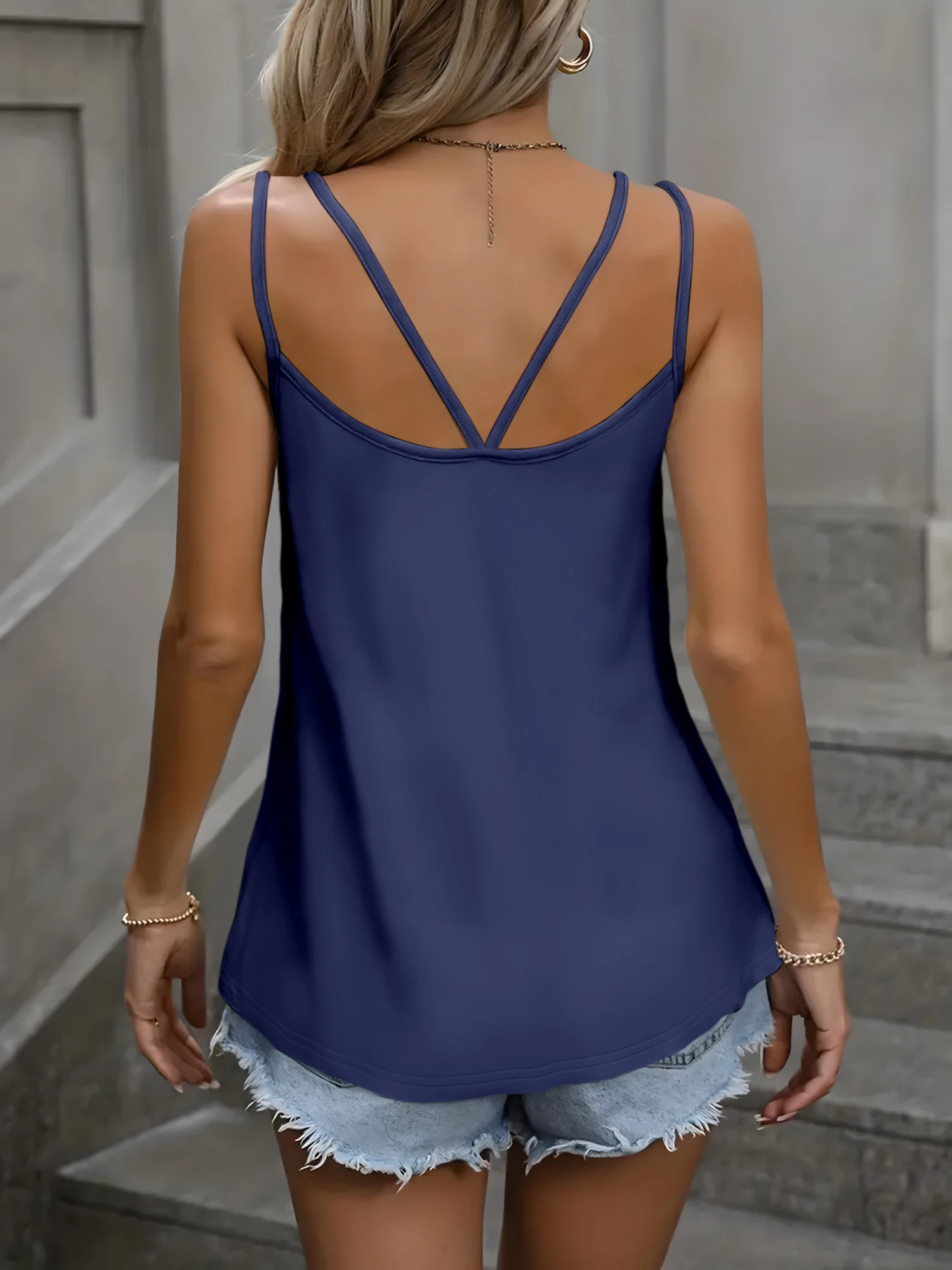 Daily Women Criss‑Cross Back Tank Top Double Thin Straps U‑Neck Sleeveless Solid Color Loose Fit Summer Ladies Casual Camisole