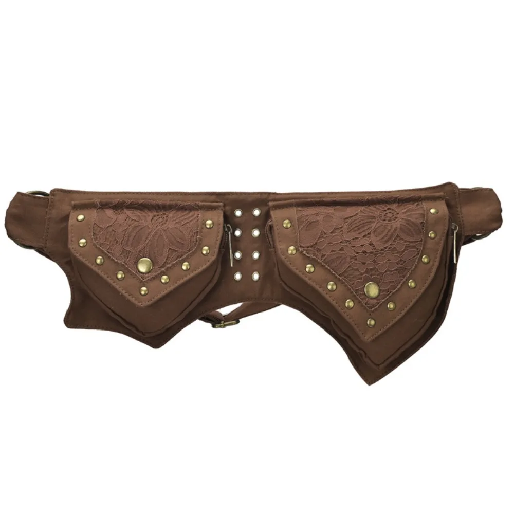Practical Metal Studded Waist Bag Fabric Multi Pocket Belt Bags Multifunctional Retro Style Chest Bag Travel Use
