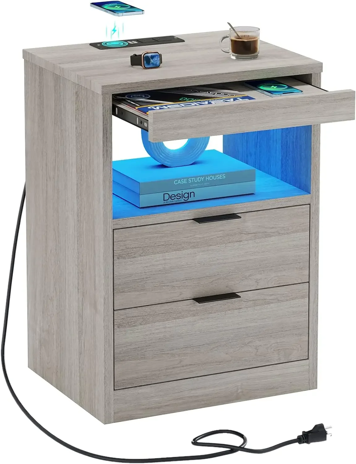 Nightstand with Wireless Charging Station and LED Lights, Grey Night Stand with 2 Drawers and Open Storage for Bedroom