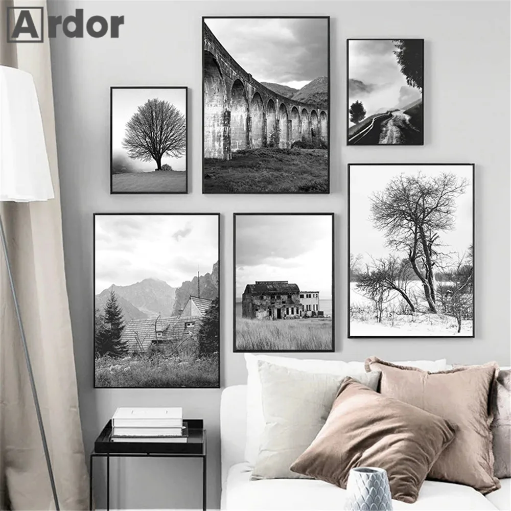 Black And White Canvas Poster Dry Grass Tree Print Arch Bridge Posters Fog Mountain Art Painting Nordic Wall Pictures Home Decor