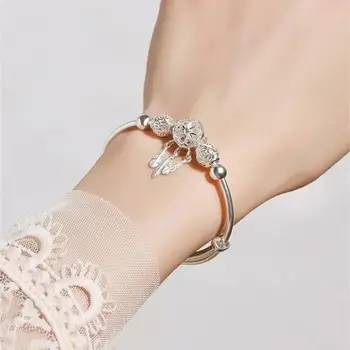 925純銀女士手鍊,流蘇羽毛圓珠手鐲,可調式吊墜手鍊,奢華婚禮珠寶禮品 10 最佳銷售 潘朵拉手鐲 - №5