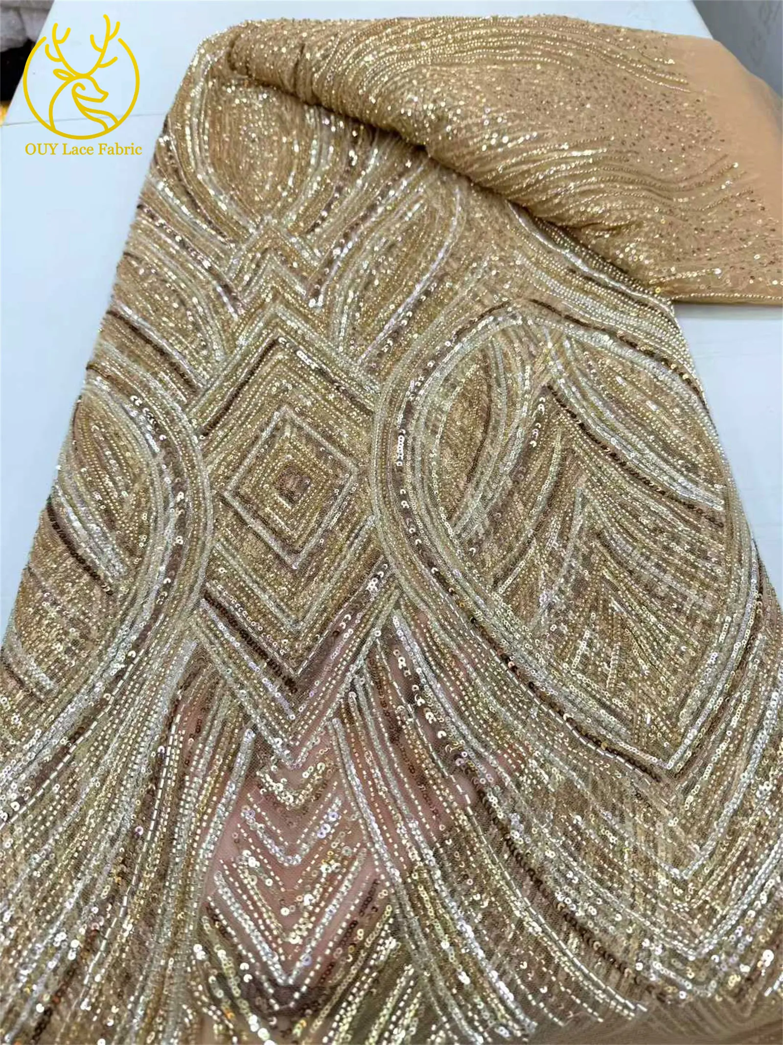 2025 Brand New Nigeria Groom Beaded Lace Fabric 5 Yards High Quality African Sequin Lace Fabric Bridal Wedding Dress Material