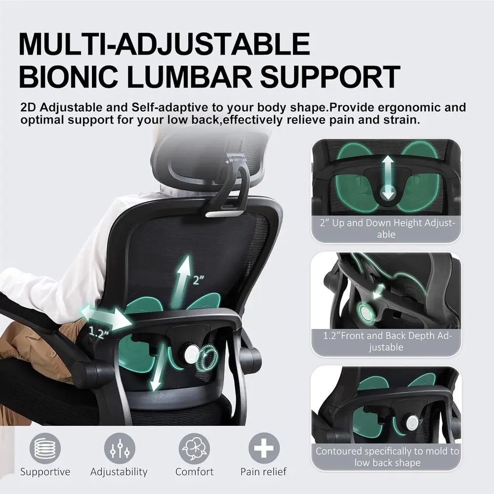Ergonomic High-Density Office Chair with Adjustable Lumbar Support, Headrest, and Rocking Feature, Flip-Up Arms, Mesh Design for