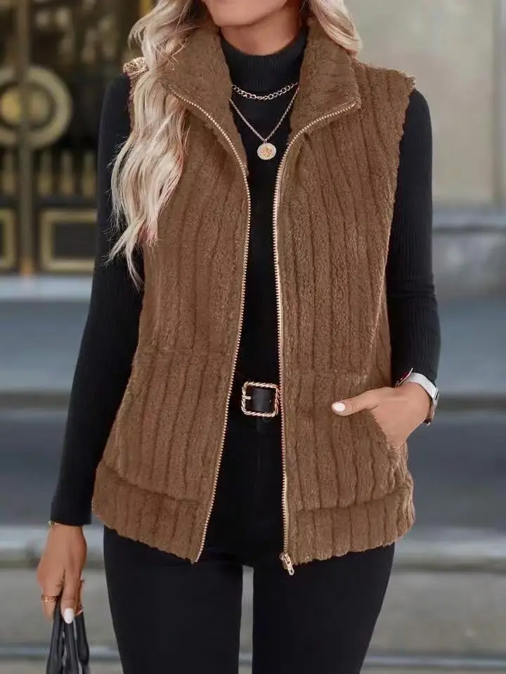 Women Corduroy Vest Stand Collar Zip Up Sleeveless Jacket Casual Gilet Waistcoat with Pockets
