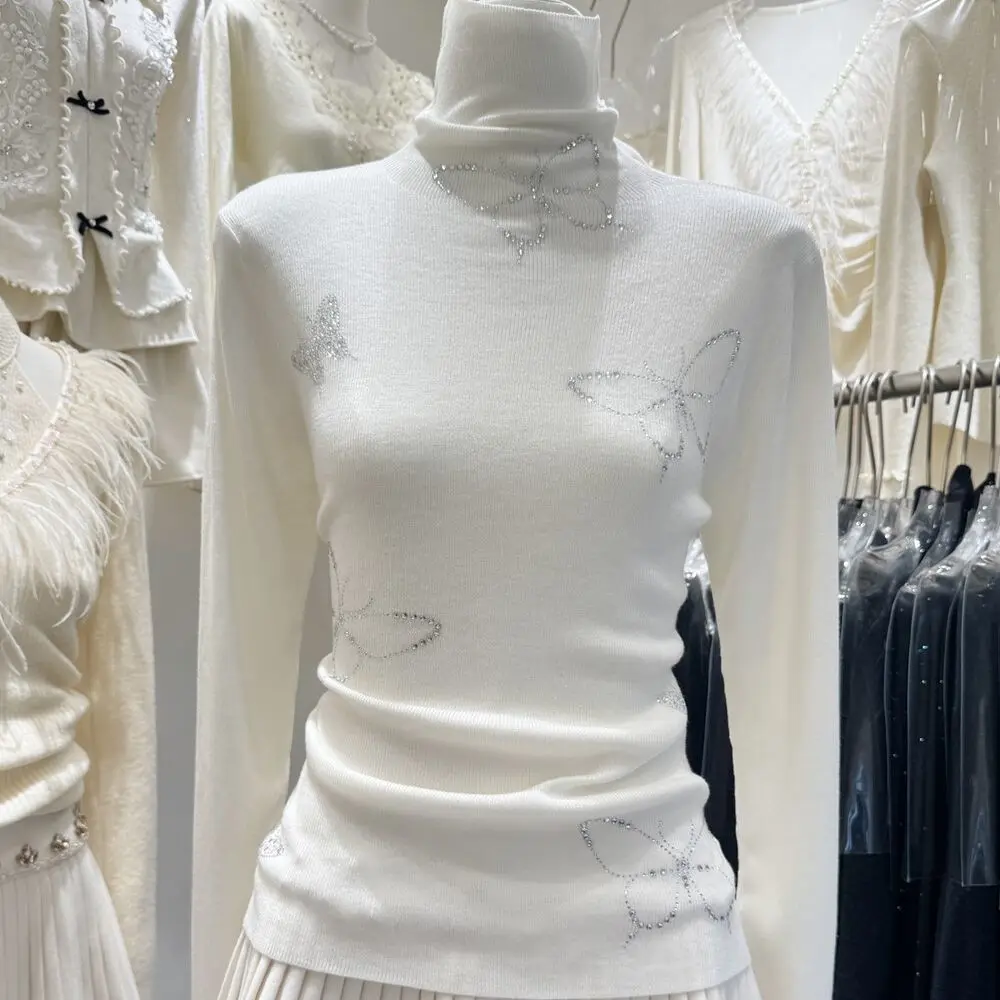 Butterfly Embellished High Collar Casual Women Knitwear Autumn Winter New Style Comfortable Knitted Top