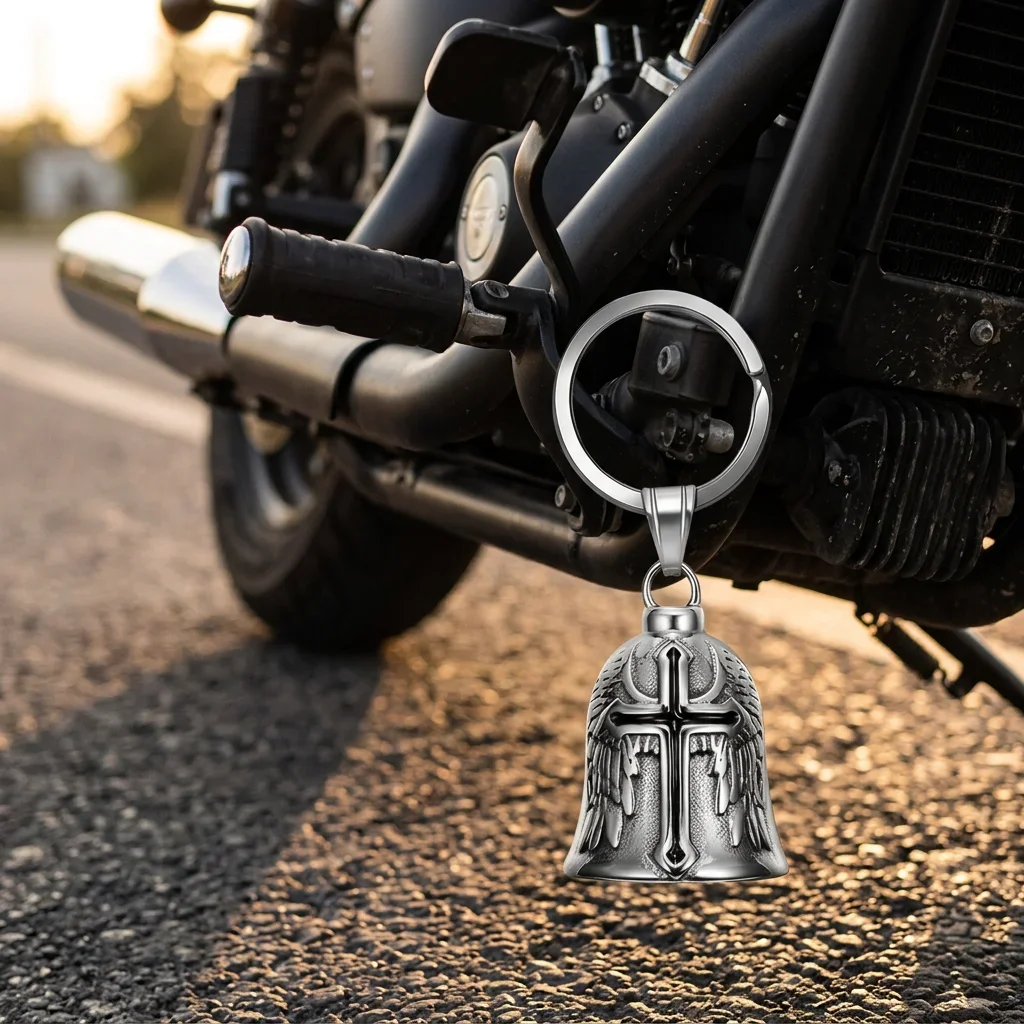 Stainless Steel Biker Lucky Bell with Hanger, Chrome Hanging Motorcycle Bell, Motorbike Protective Charm & Decoration