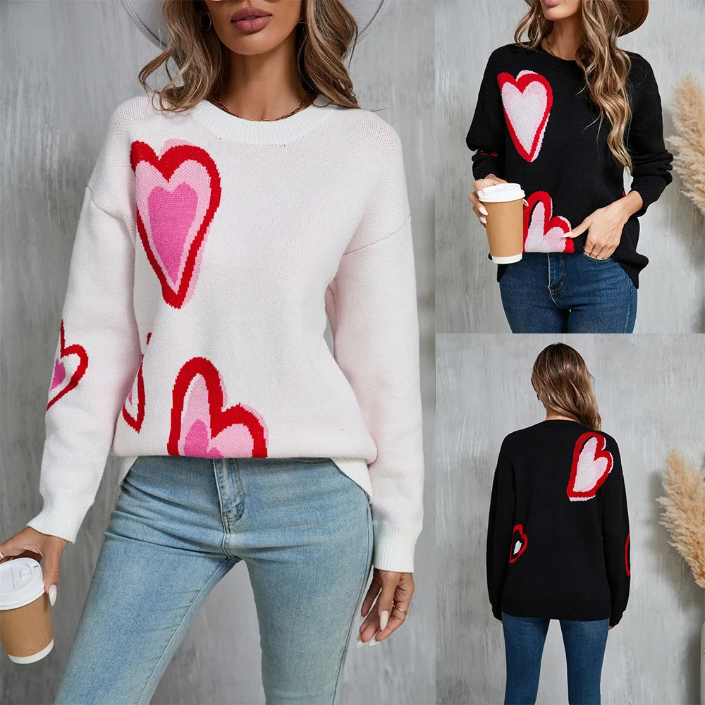 

r Fashionable Street Style round Neck Long Sleeve Crew Neck Valentine's Day Heart Shaped Large Size Women's Knitted Sweate