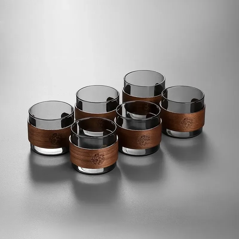 Japanese Style Heat-resistant Glass Tea Cup with Scald Proof Wooden Holder Kungfu Tea Set Master Cup Household Coffee Mug