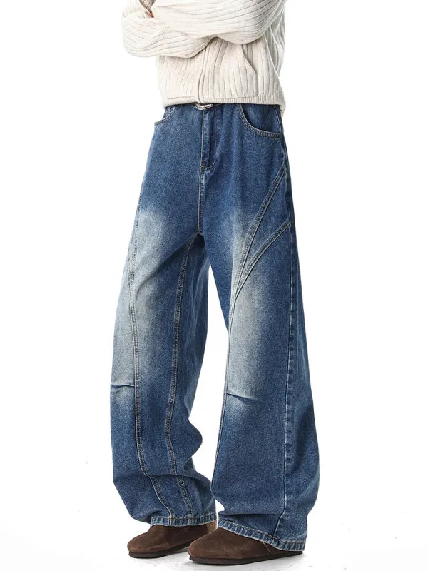 

TANGZ Studio American Washed Patchwork Men's High Street Deconstructed Straight Leg Jeans Trendy Wide Leg Long Pants