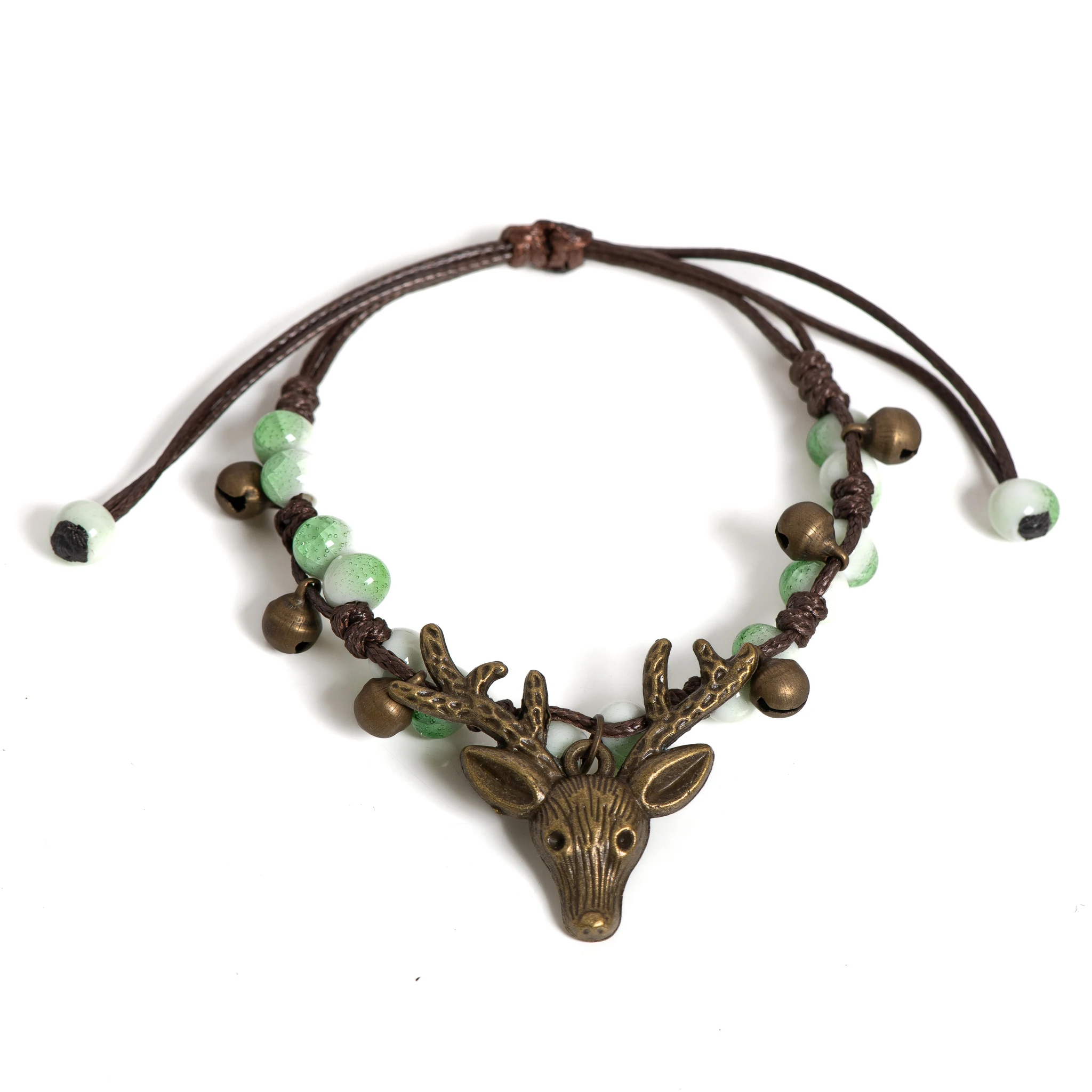 Deer Head Crackle Ceramic Bracelet Adjustable Handmade Braided Jewelry Boho Rustic Style Unique Gift for Women 1190