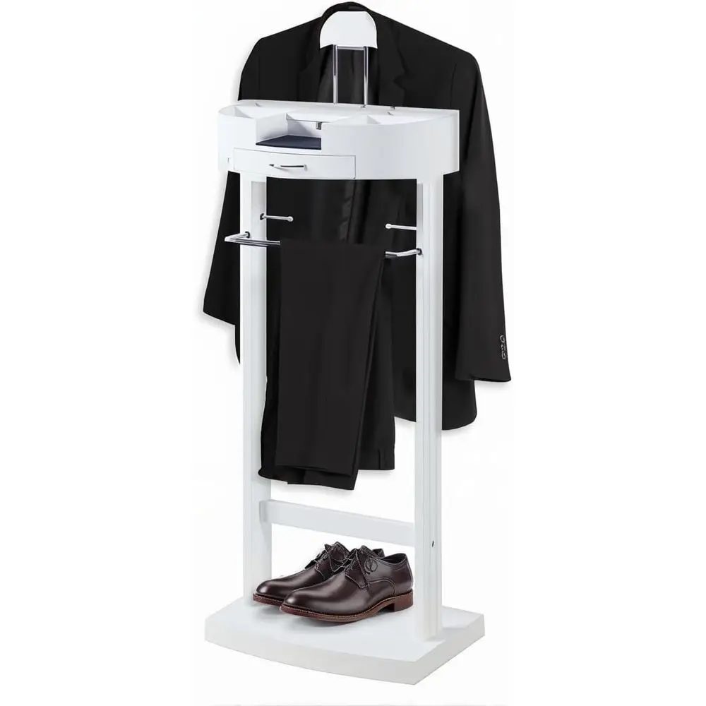 

Белая вешалка-органайзер для одежды (мужской и женской) с деревянной подставкой для костюмов, контурной вешалкой для брюк, полкой для обуви, держателем для галстуков и ремней