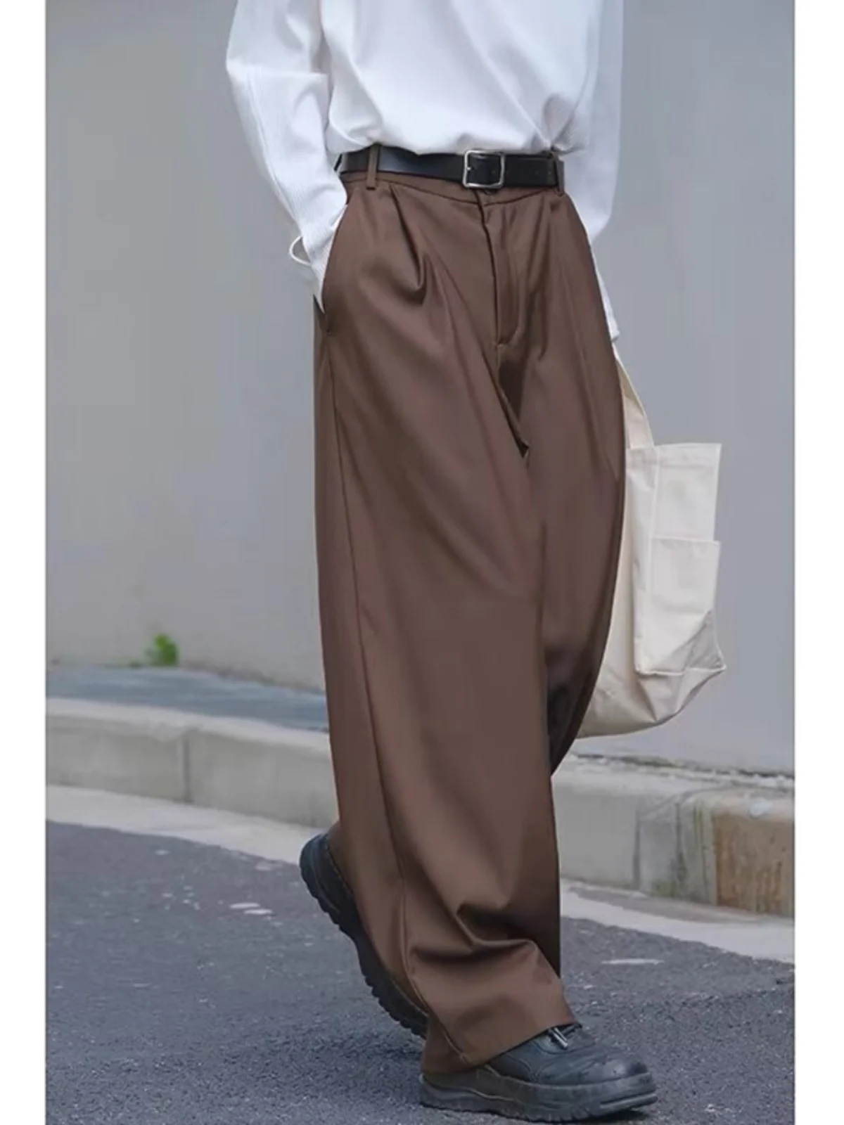 American Style Loose Brown Men's Suit Pants Straight Leg Long Casual Versatile Commuter Wide Leg Workwear Dad Pants