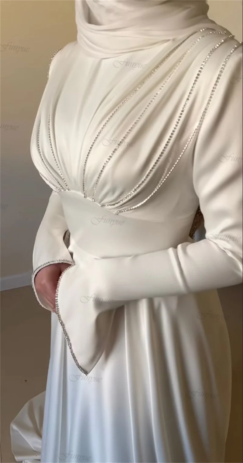 Vestido De Novia 2023 Long Sleeves Muslim Bridal Gown Hijab Wedding Dress Luxury Satin Beading A-line Simple Bride to be Dress