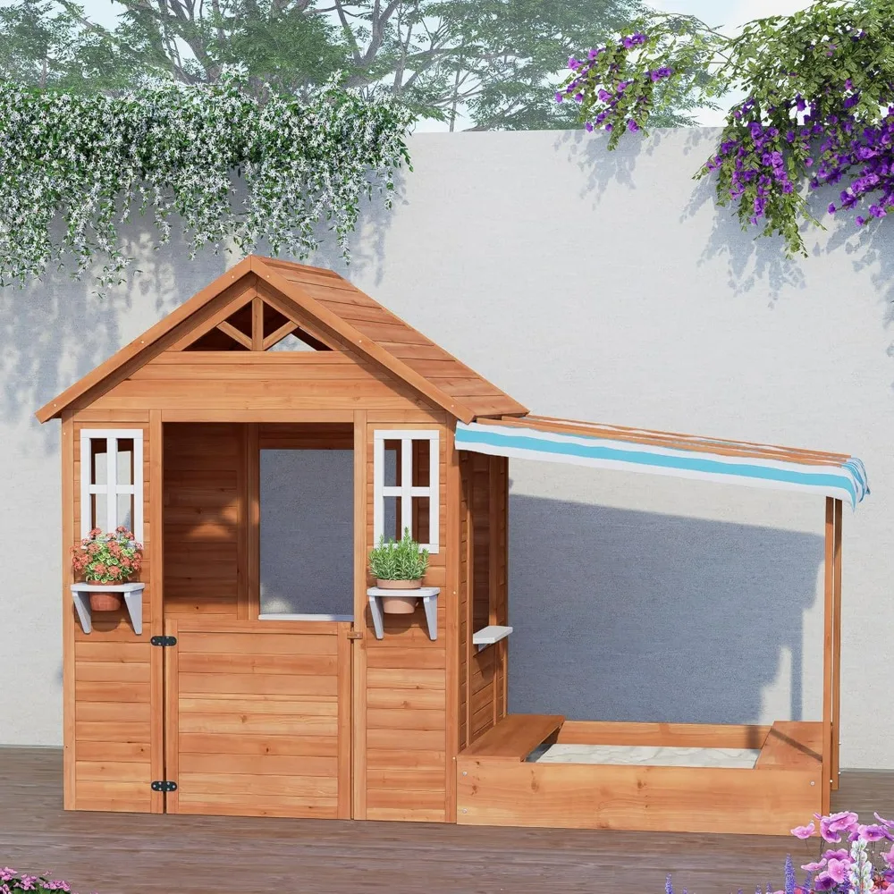 Kids Playhouse with Sandbox, Wooden Outdoor Cottage Play House with Sand Pit for Backyard Garden Ages 3 to 10 Years Old