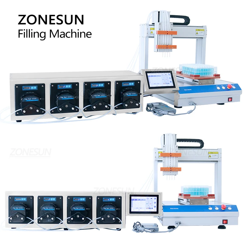 ZONESUN-Machine de remplissage de tubes à quatre têtes, pompe péristaltique, d'extraction de parfum de réactif, bouteille d'huile essentielle, ZS-XYZ4A de remplissage liquide