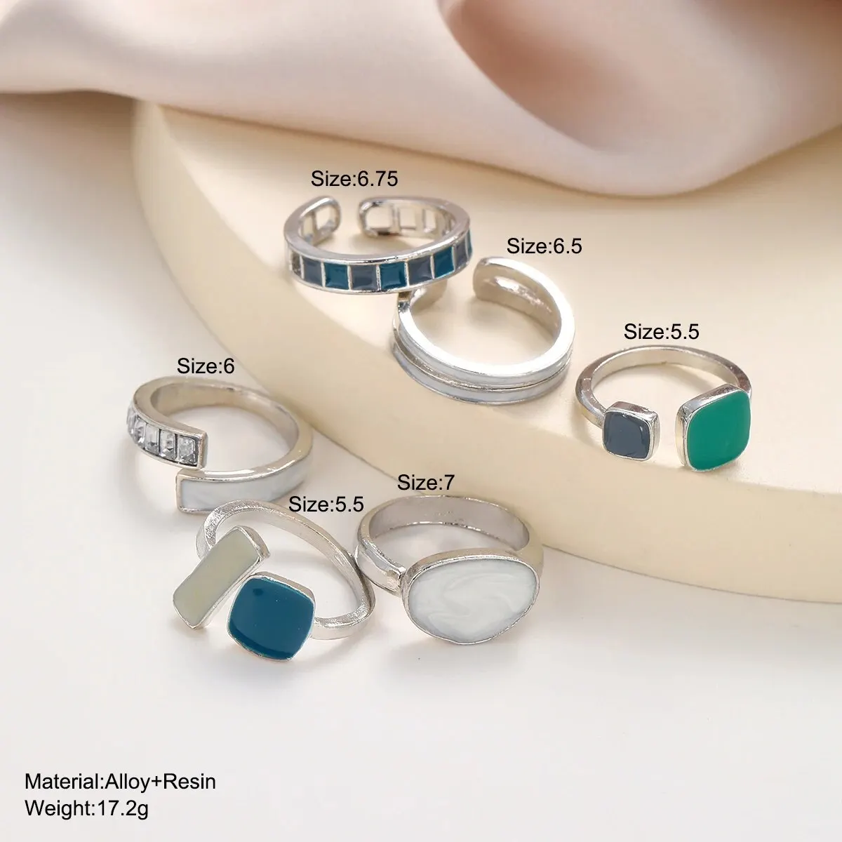6Pcs New Fashionable Retro Emerald Moonlight Stone Joint Opening Ring Set For Women's Daily Versatile Gift Fashion Accessories image 5