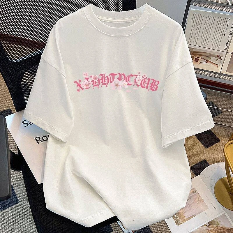 Pure Cotton Summer New Back Cherry Blossom Short-sleeved T-shirt Men and Women with Loose Couple Jacket Ins Wind
